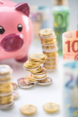 Pembe kumbara ortasında haddelenmiş euro banknot ve kule