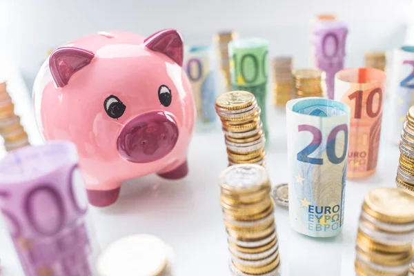 Rosafarbenes Sparschwein inmitten von gerollten Euro-Banknoten und Turm — Stockfoto