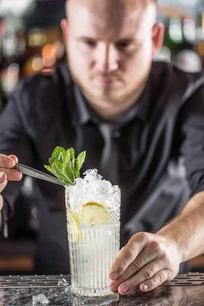 Профессиональный бармен делает алкогольный коктейль с фруктами — стоковое фото
