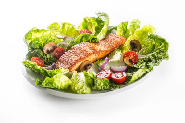 Філе смаженого лосося зі свіжим овочевим салатом ізольовано на білому фоні — стокове фото