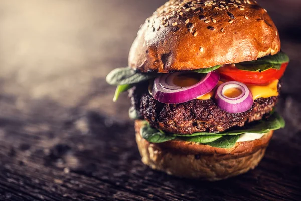 Ispanak yaprakları salata soğan domates ve peynir ile lezzetli sığır burger