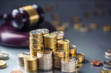 Arka planda euro sikke ve adalet çekiç ile Kuleler