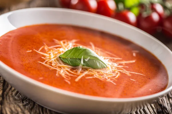 Sopa de tomate quente queijo parmesão e manjericão licença na mesa de aveia velha — Fotografia de Stock