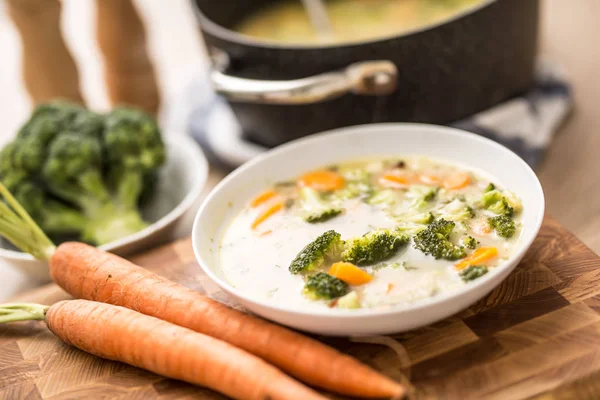 Brokoli havuç soğan ve diğer malzemelerden sebze çorbası. Sağlıklı vejetaryen yemekler ve yemekler