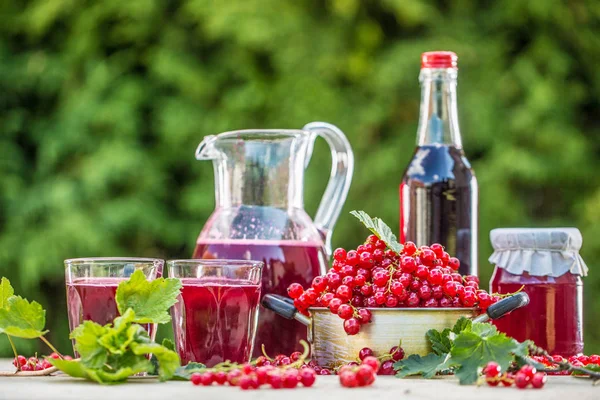 精选的红醋栗产品 - 果酱糖浆必须和花园桌上的红藤 — 图库照片