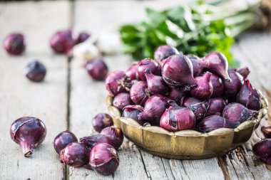 Bahçe masasında bronz kase kırmızı soğan. Yakın çekim taze sağlıklı sebze