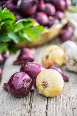 Bahçe masasında bronz kase sarımsak kereviz otlar ve kohlrabi kırmızı soğan - Görünümün üst. Yakın çekim taze sağlıklı sebze