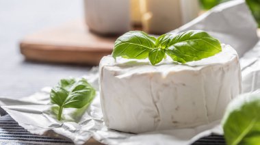 Masada fesleğen yaprakları ile Camembert veya brie peynir