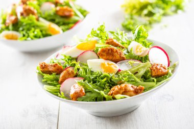 Salata karışık malzemelerle tavuk göğsü yumurta turp ve zeytinyağı parçaları
