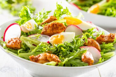 Salata karışık malzemelerle tavuk göğsü yumurta turp ve zeytinyağı parçaları