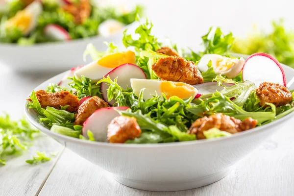 Salata karışık malzemelerle tavuk göğsü yumurta turp ve zeytinyağı parçaları — Stok fotoğraf