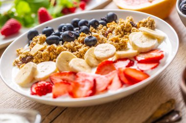 Yoğurt müsli yaban mersini çilek ve muz tabağı ile servis edilen sağlıklı kahvaltı.