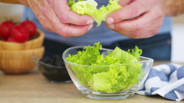 Mans Hans Prépare Une Salade Légumes Frais Dans Cuisine Vidéo — Video