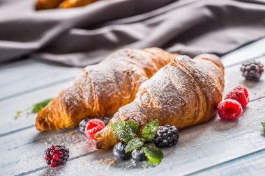 Taze çıtır kruvasanlar üzerine ahududu böğürtlen ve yaban mersini serpiştirilmiş şeker tozu serpiştirilmiş.