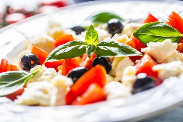 Caprese salad with mozzarella cheese fresh tomatoes olives and basil leaves. Italian or mediterranean healthy meal — Stock Photo, Image