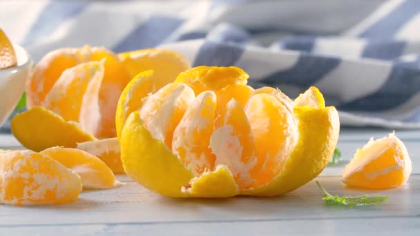 Fresh Ripe Tangerines Herbs Melissa Wooden Table Video Shot Fps — Stock Video