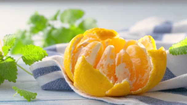 Fresh Ripe Tangerines Herbs Melissa Wooden Table Video Shot Fps — Stock Video