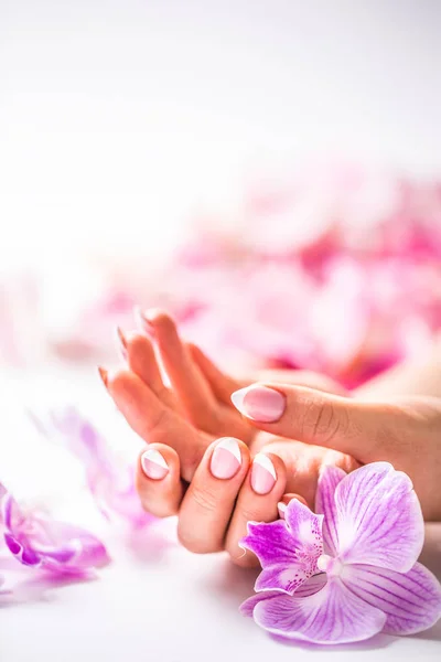 Hermosa manicura de uñas con decoración de orquídea rosa —  Fotos de Stock