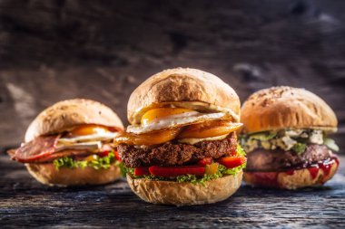 Köy ortamında çizburger, tavuk burger, sığır burger, mavi peynir ve kızılcık sosu.