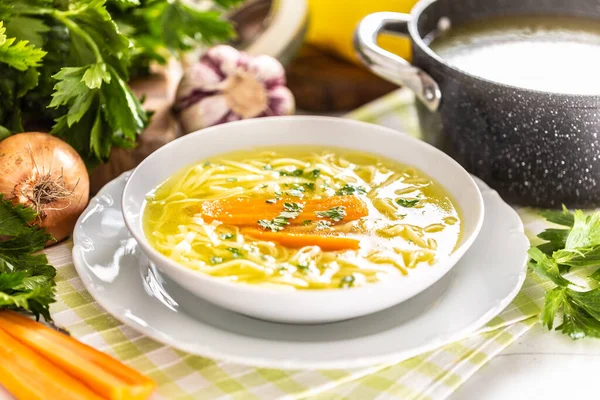 Caldo de sopa de frango em uma placa cenoura cebola aipo ervas alho e legumes frescos — Fotografia de Stock