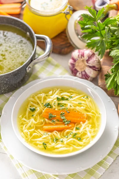 Brodo di minestra di pollo in un piatto cipolla carota sedano erbe aglio e verdure fresche — Foto Stock