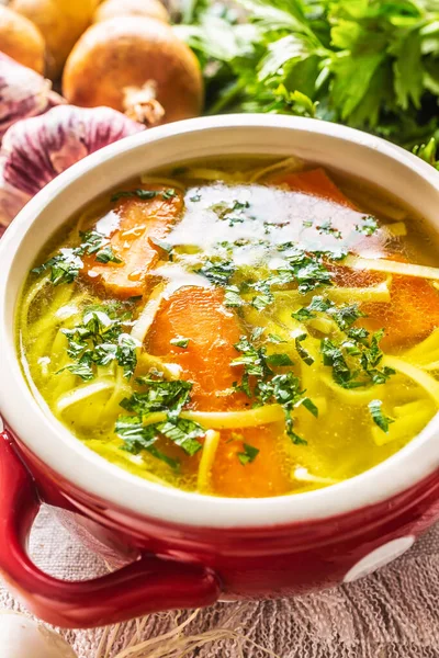 Caldo de sopa de pollo en un tazón vintage con fideos caseros cebolla zanahoria apio hierbas ajo y verduras frescas — Foto de Stock