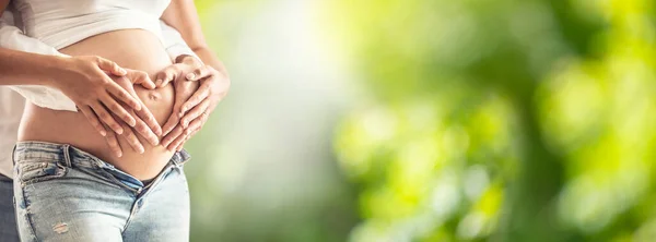 Zwangere vrouw met haar man die haar buik omhelst. Handen van toekomstige ouders in afwachting van de baby knuffelen een buik in de vorm van een hart. Panoramische banner met groene achtergrond — Stockfoto