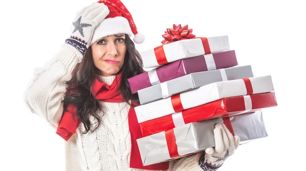 Regali Natale Che Causano Mal Testa Una Donna Uno Sfondo — Foto Stock
