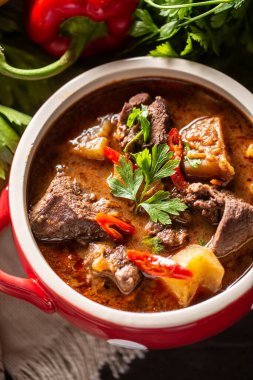 Bir kase gulaş çorbası, et, patates, biber ve maydanoz..