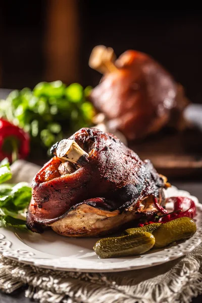 Smoked Pork Ham Hock Pork Knee Served Pickled Cucumbers Herbs — Stock Photo, Image