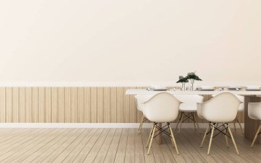 Modern yemek odası en az. Minimalist tarzı görüntü beyaz boş duvar ve ahşap zemin bulunmaktadır. -3d render