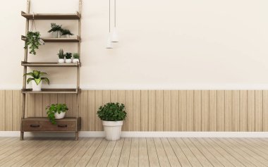 Alanı içinde ev rahatlayın. Oda raf ile beyaz ve duvar ahşap süsleyin. İskandinav iç tasarım. -3d render