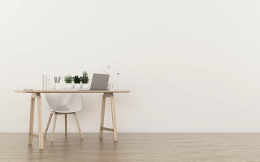 Beyaz resepsiyon alanı, arka plan, woking odanın iç çalışma çalışma, bilgisayar ekranında destop. -3d render