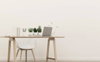 Defter kalem ve arka plan, woking odanın iç çalışma alanı, çalışma masası, vazo destop. -3d render