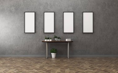 İç poster mock-up boş çerçeve ahşap masa oda ile. -3d renderin