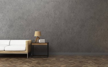 Uzay ile background.concrete duvar kanepe ve oturma odasında ahşap zemin üzerinde tablo ile rahatlayın. -3d render