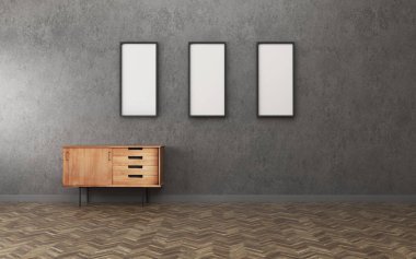 Kabine ve üç beyaz çerçeve resim karanlık oda. Vintage iç tasarım. -3d render