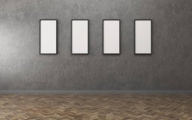 Boş oda dört beyaz çerçeve resim ile. Vintage iç tasarım. -3d render