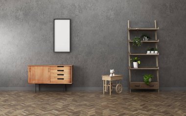 Depolama alanı daire. bir beyaz tahta ve raf boş oda. Vintage iç tasarım. -3d renderin