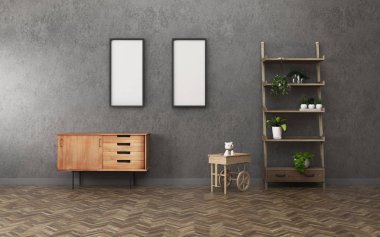 Depolama alanı daire. beyaz tahta ve raf boş oda. Vintage iç tasarım. -3d renderin