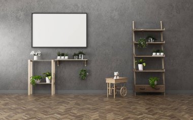 beyaz tahta ve raf ile oturma odası. Daire alanında rahatlayın. Vintage iç tasarım. -3d render