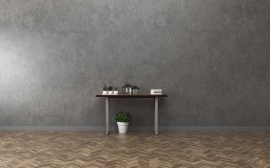 İç oturma odasında ahşap masa ile sahte. -3d renderin