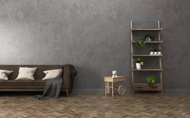 Oturma odasında background.concrete duvar ve ahşap zemin ile konfor alanı. -3d render