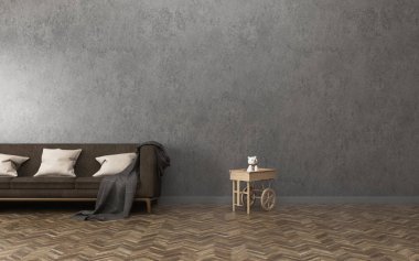 Oturma odasında background.concrete duvar ve ahşap zemin ile konfor alanı. -3d render