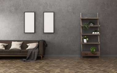 Kanepe ve shelf.Comfort alanı içinde ev ile oturma odası. Vintage iç tasarım. -3d render