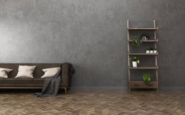 Raf ve sofa.living alanı içinde ev boş oda. Vintage iç tasarım. -3d render