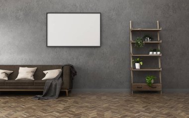 Beyaz tahta ve raf ile oturma odası. Çalışma alanı daire. Vintage iç tasarım. -3d render