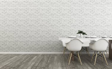 tropikal yemek odası. Vintage tarzı görüntü beyaz boş duvar ve ahşap zemin bulunmaktadır. -3d render