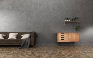 Uzay background.concrete duvar ve ahşap zemin oturma odasında rahatlayın. -3d render