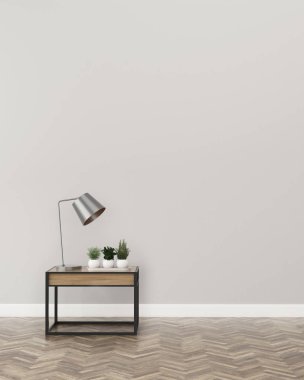 Ahşap masa üzerinde vazo, çalışma alanı, çalışma arka planı, çalışma odası iç. -3d render